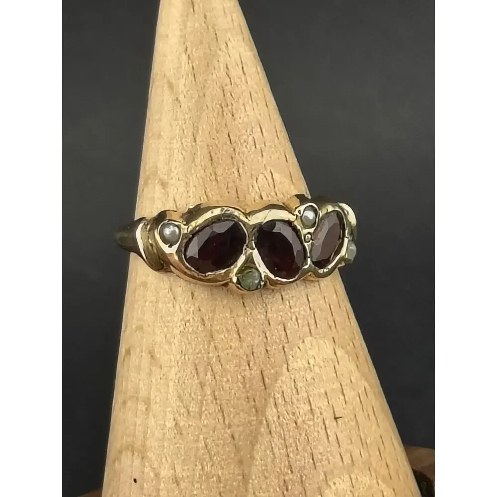 Vintage 14K Gold Red Glass Paste & Seed Pearl Ring 2.10g Size 6 Victorian Style